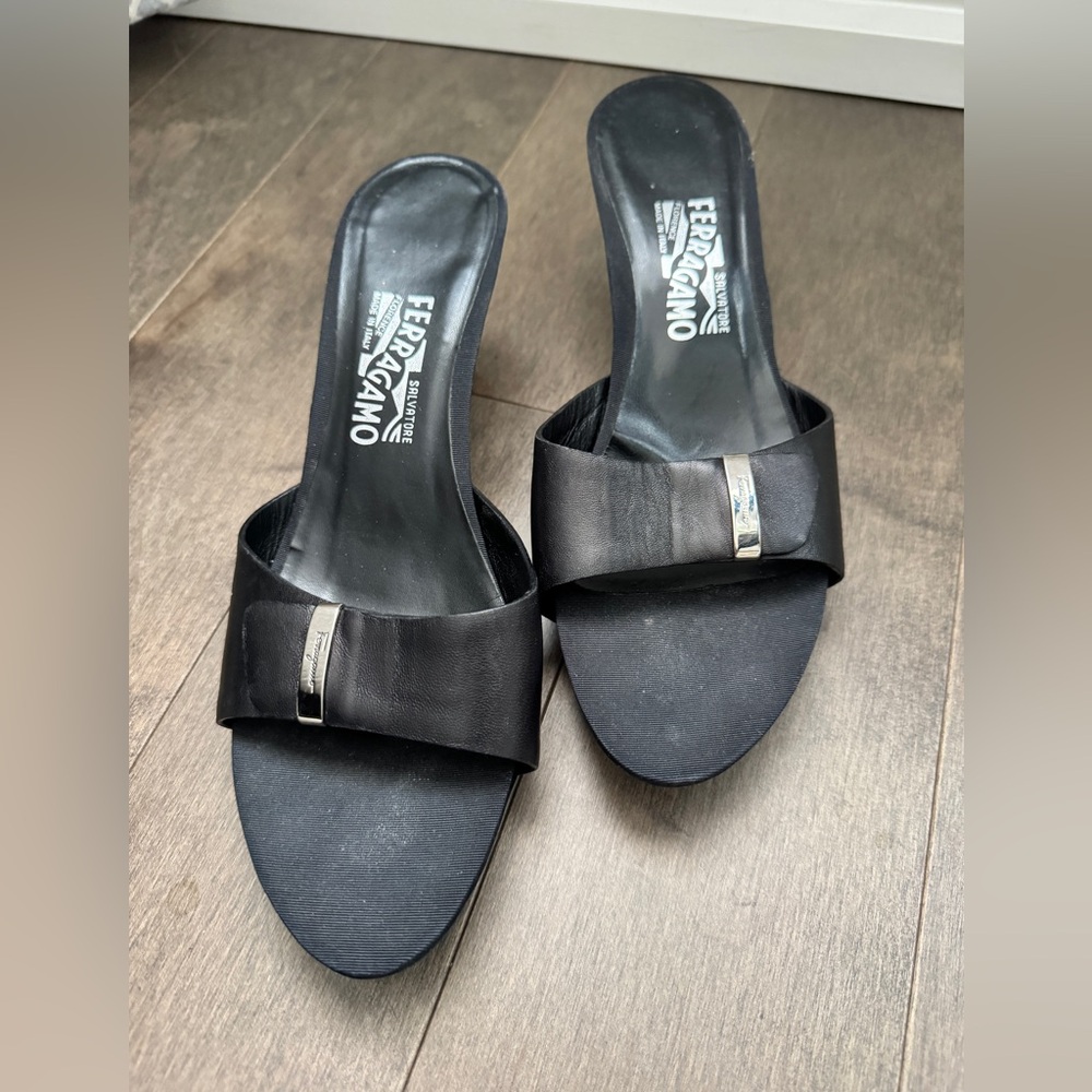 Salvatore Ferragamo Black Satin Bow Slide Mules